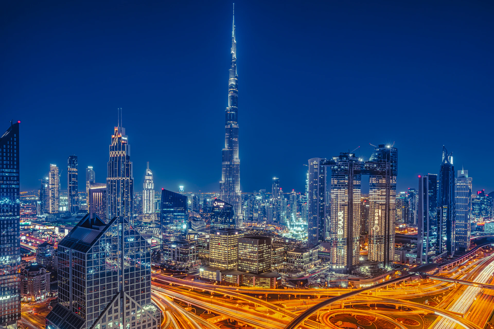 Widok na Burj Khalifa i Downtown Dubai nocą